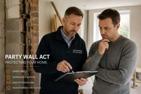 Party wall surveyor Crawley discussing extension plans with homeowner outside a UK semi-detached house.